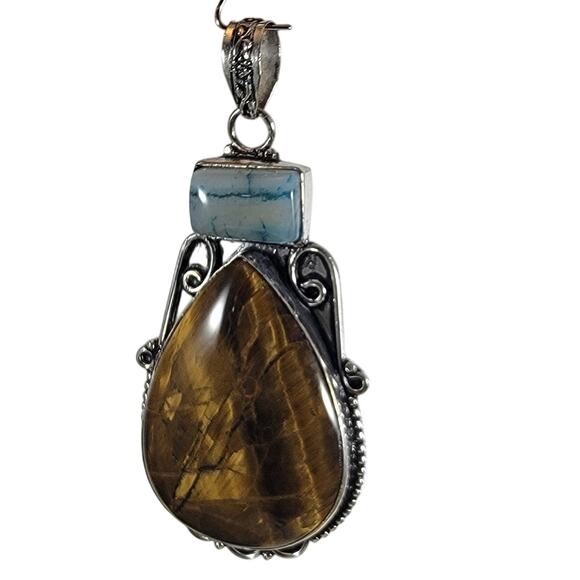Handmade Silver Pendant With Tiger’s Eye & Rare Caribbean Larimar Gemstones - Picture 1 of 10
